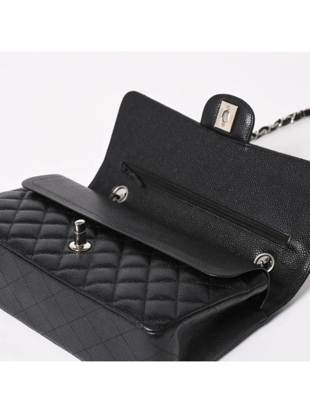 Chanel Quilted 25 Double Flap Chain Shoulder Bag CC Logo Caviar Leather Black
